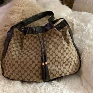 Gucci Logo Shoulder Large Leather Trim,Canvas Purse,Color Dark Brown Preowned